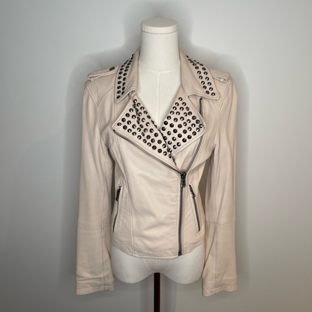 100% Leather Zara Studded Light Beige Biker Moto Jacket size Small